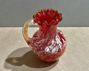Small Red  and White Glass Pitcher Vase . White Splatter. 4”. Possibly Pilgrim. Free shipping