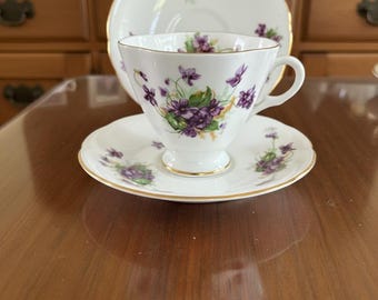 Vintage Clarence-English Bone China Purple Violets Gold Trim Teacup & Saucer Set. Free shipping