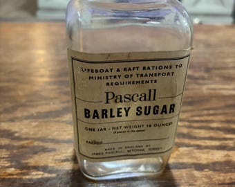Vintage 1940s Scarce Pascall Barley Sugar Glass Jar With lid & Label 16 Ounce. Free shipping