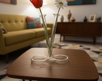 Vintage Mid-Century Glass Double Cylinder Twisted Tube Infinity Bud Vase 6” Tall. Free shipping