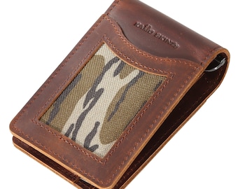 Leather Folding Money Clip Wallet with Mossy Oak® Original Bottomland®