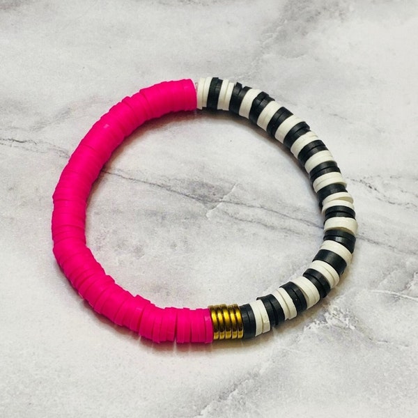 Hot Pink and Black/White Heishi Bracelet, Stackable Bracelet, Stretchy Bracelet