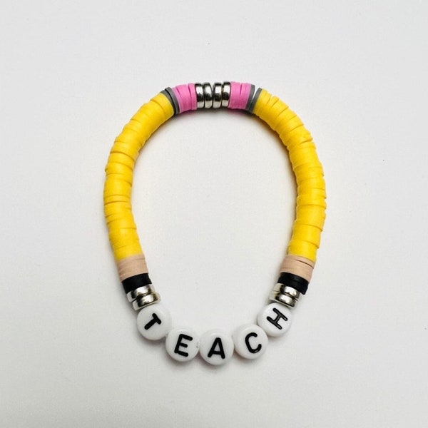 TEACH Pencil Bracelet, Disc Bead Bracelet, Teacher Gift, Back-to-School Gift, End-of-Year Teacher Gift, Stretchy Bracelet, Stack Bracelet