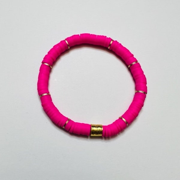 Hot Pink and Gold Disc Bead Bracelet, Heishi Bracelet, Summer Bracelet, Neon Bracelet, Stackable, Stretchy