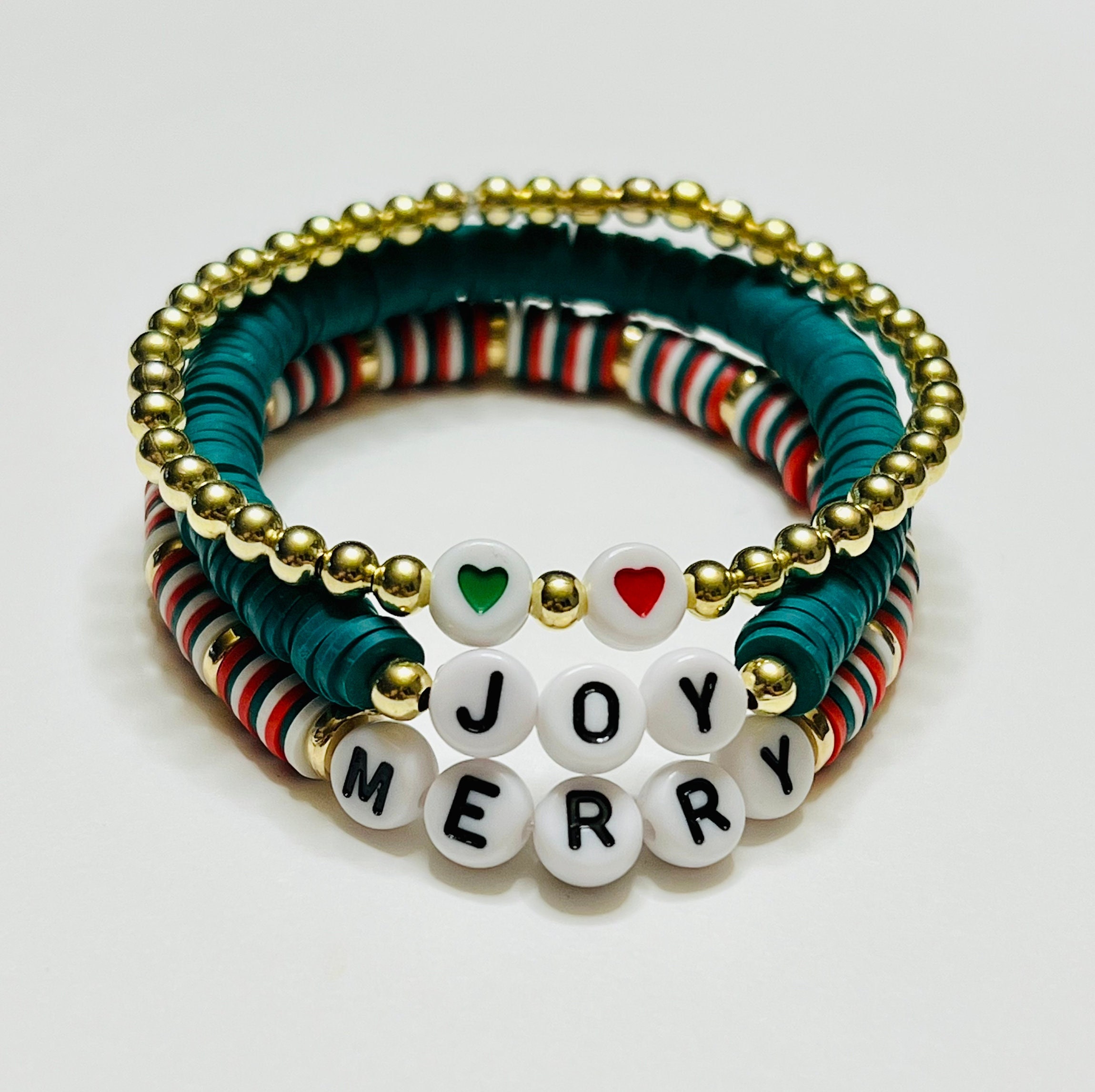 CHRISTMAS Disc Bead Bracelet Stack, Christmas Heishi Bracelets, Holiday