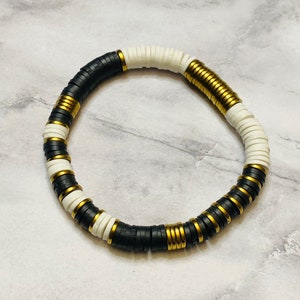 Black & White Heishi Bracelet, Gold Accent Beads, Stretchy Bracelet, Stackable Bracelet, Trendy Bracelet