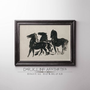 Three Black Horses Sketch | Vintage Moody Dark Academia Printable Wall Art | Dark Cottagecore Aesthetic | Digital Download