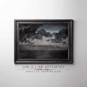 May include: A framed painting of a dark, stormy seascape with a dramatic sky filled with gray and blue clouds. The painting is in a black frame with a white mat.