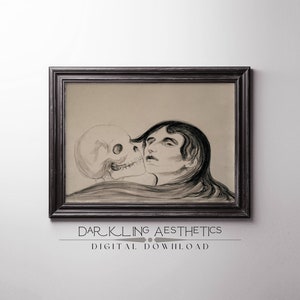 Kiss of Death Sketch | Vintage Moody Macabre Woman and Skull Printable Wall Art | Dark Academia Aesthetic | Digital Download