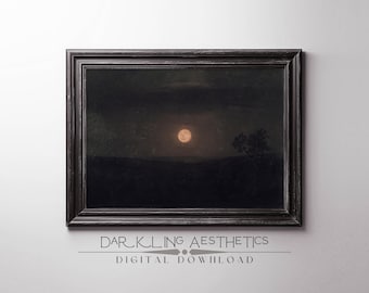Dark Moon Painting | Vintage Moody Cottagecore Luna Night Landscape Printable Wall Art | Dark Academia Aesthetic | Digital Download