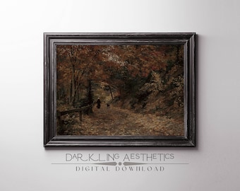 Falling Leaves Painting | Vintage Moody Cottagecore Dark Autumn Landscape Printable Wall Art | Dark Academia Aesthetic | Digital Download