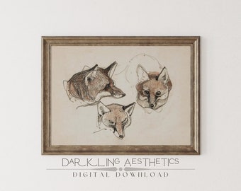 Vintage Fox Study Sketch / Moody Dark Cottagecore Forest Wildlife Arte de pared imprimible / Estética de la Academia Oscura / Descarga digital