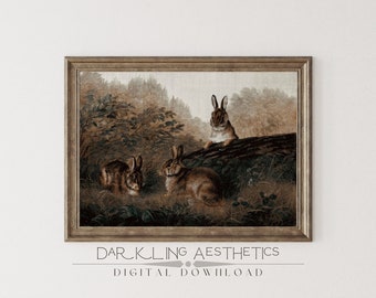 May include: A vintage illustration of three brown rabbits in a forest setting. The rabbits are sitting on a fallen log and in the undergrowth. The background is a muted green and brown with trees and foliage.