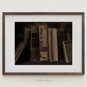 May include: A framed print of a still life featuring a stack of old, worn books with brown leather covers. The books are arranged in a row, with the spines facing the viewer. The image has a dark, moody aesthetic.