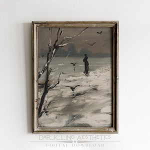 Winterspaziergang Gemälde | Vintage Moody Cottagecore dunkel verschneite Landschaft druckbare Wandkunst | Dark Academia Ästhetik | Digitaler Download