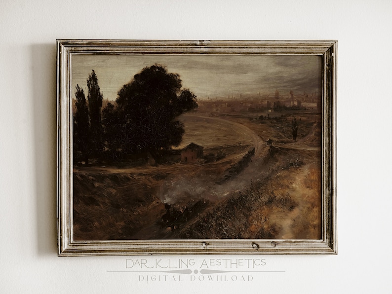 May include: A vintage painting in a wooden frame depicts a landscape with a winding road leading to a city in the distance. The painting is done in muted tones of brown, green, and gray, with a hazy sky.