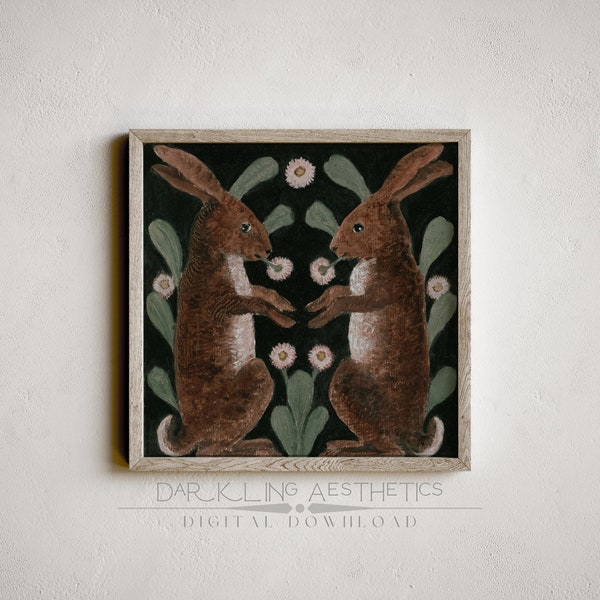 English Tapestry Floral Rabbit Print | Vintage Moody Dark Cottagecore Square Printable Wall Art | Woodland Bunny Nursery | Digital Download
