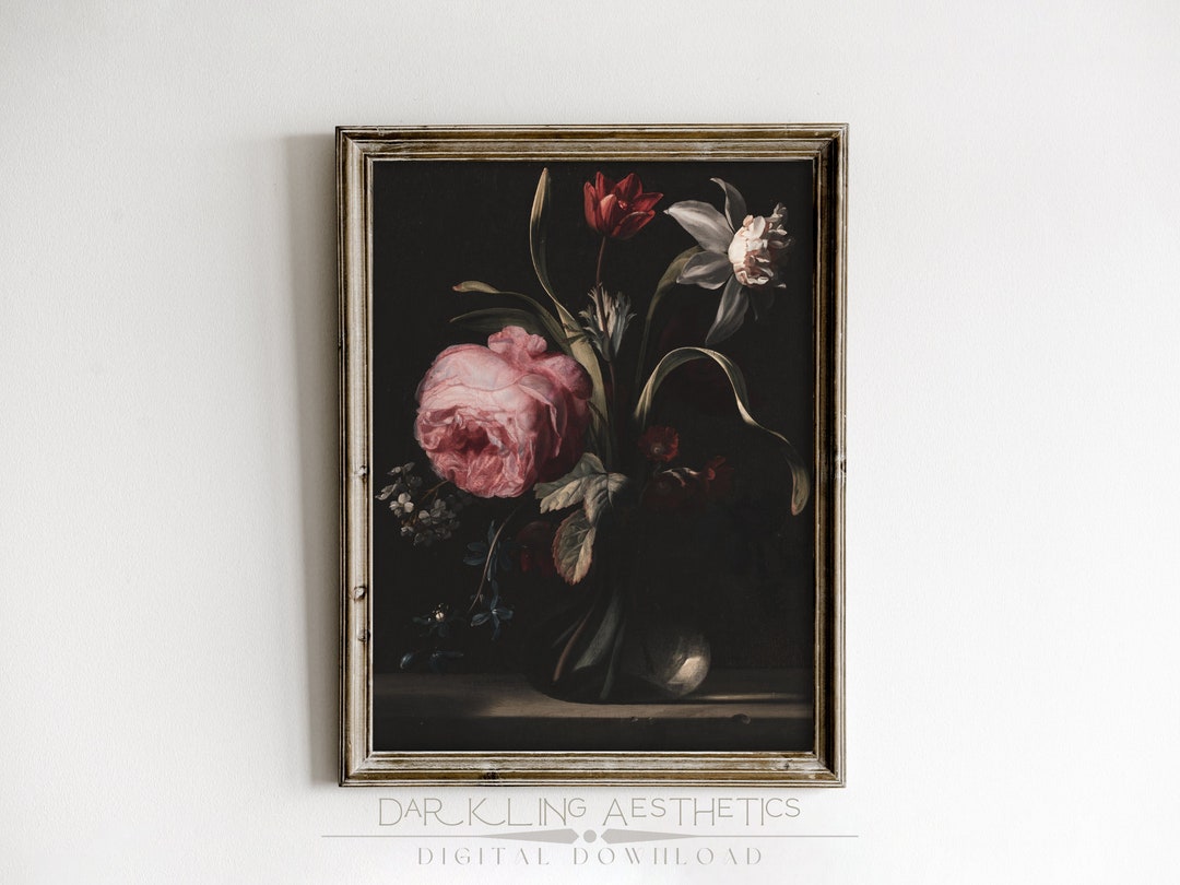 Vase of Dark Moody Flowers Painting | Vintage Cottagecore Moody Floral ...