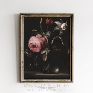 Vase of Dark Moody Flowers Painting | Vintage Cottagecore Moody Floral Printable Wall Art | Dark Academia Aesthetic | Digital Download