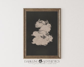 White Rabbits Print | Vintage Moody Dark Cottagecore Woodland Animal Printable Wall Art | Dark Academia Aesthetic | Digital Download