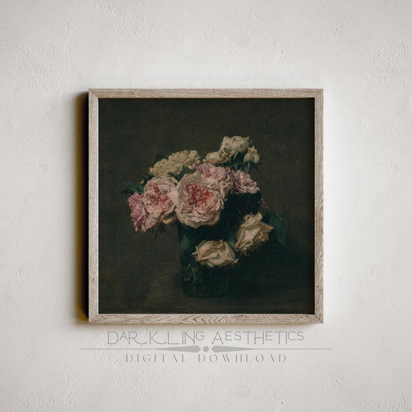 Vintage Victorian Florals Print | Moody Dark Cottagecore Flowers Square Printable Wall Art | Dark Academia Aesthetic | Digital Download