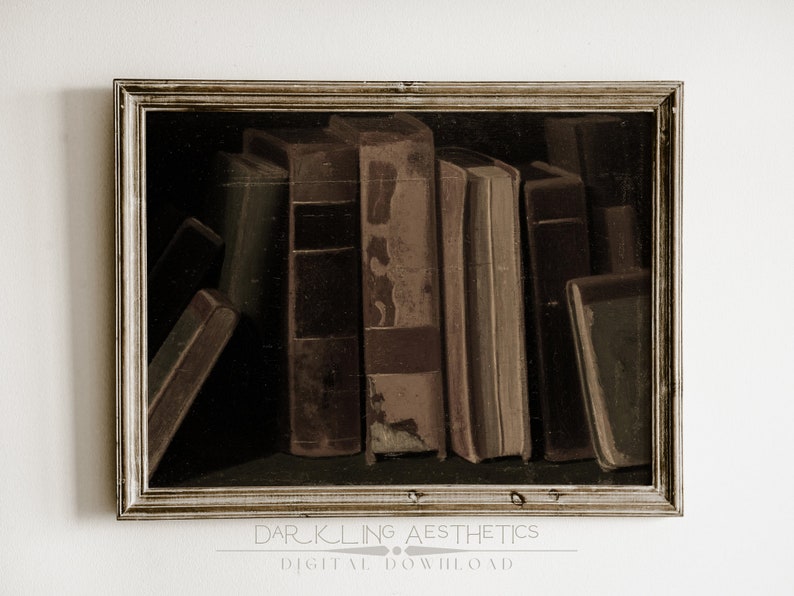 May include: A framed painting of a still life featuring a collection of old, worn books in various shades of brown and green. The books are arranged vertically, with some leaning against others, creating a sense of depth and texture. The painting is set against a dark background, highlighting the details of the books.