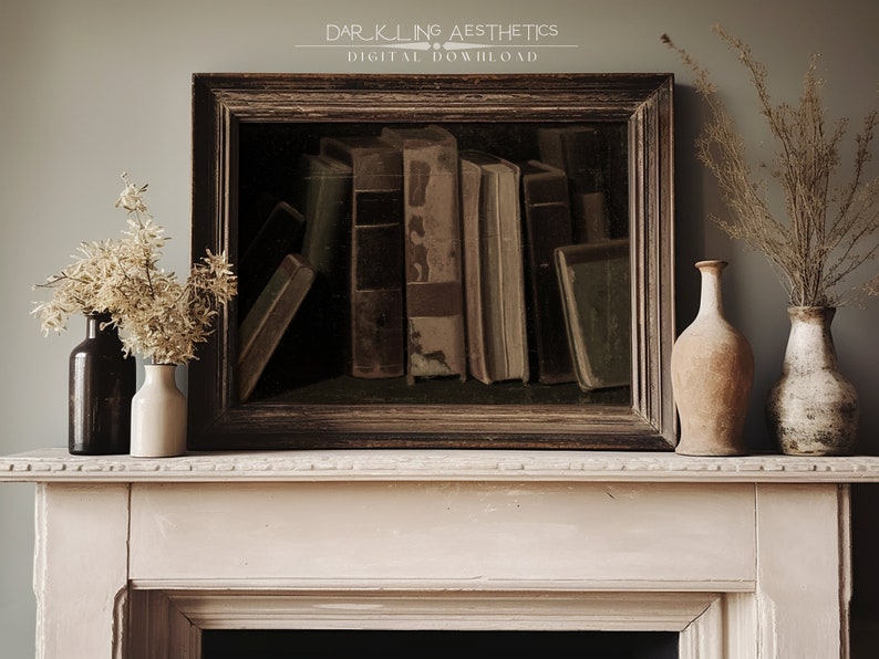 May include: A framed print of a still life featuring a collection of antique books with brown leather covers. The print is displayed on a white mantelpiece with a vase of dried flowers and two other decorative vases.