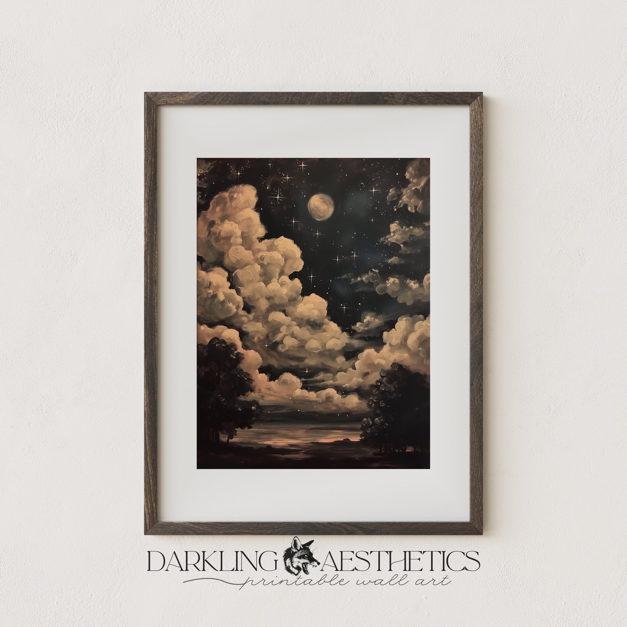 Cloudy Night Sky Print | Vintage Moody Celestial Dark Night Sky ...