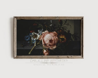 Illustration pour téléviseur avec cadre Samsung | Tableau branche de rose avec scarabée et abeille | vintage Moody Dutch Floral | Esthétique Dark Academia | Téléchargement numérique