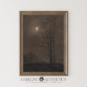 Dark Moon & Tree Painting | Vintage Moody Cottagecore Countryside Landscape Printable Wall Art | Dark Academia Aesthetic | Digital Download