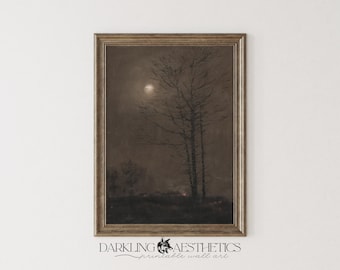 Dark Moon & Tree Painting | Vintage Moody Cottagecore Countryside Landscape Printable Wall Art | Dark Academia Aesthetic | Digital Download