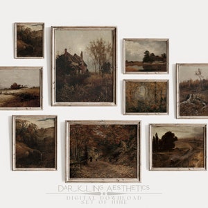 May include: A set of 9 digital downloadable prints featuring vintage landscape paintings in muted tones. The paintings depict scenes of forests, fields, and houses, all framed in a simple, rustic style.