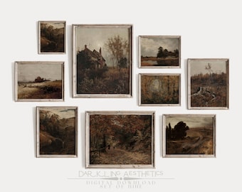 May include: A set of 9 digital downloadable prints featuring vintage landscape paintings in muted tones. The paintings depict scenes of forests, fields, and houses, all framed in a simple, rustic style.