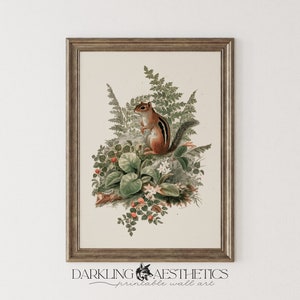 Botanical Chipmunk Print | Vintage Moody Woodland Cottagecore Printable Wall Art | Dark Academia Aesthetic | Digital Download