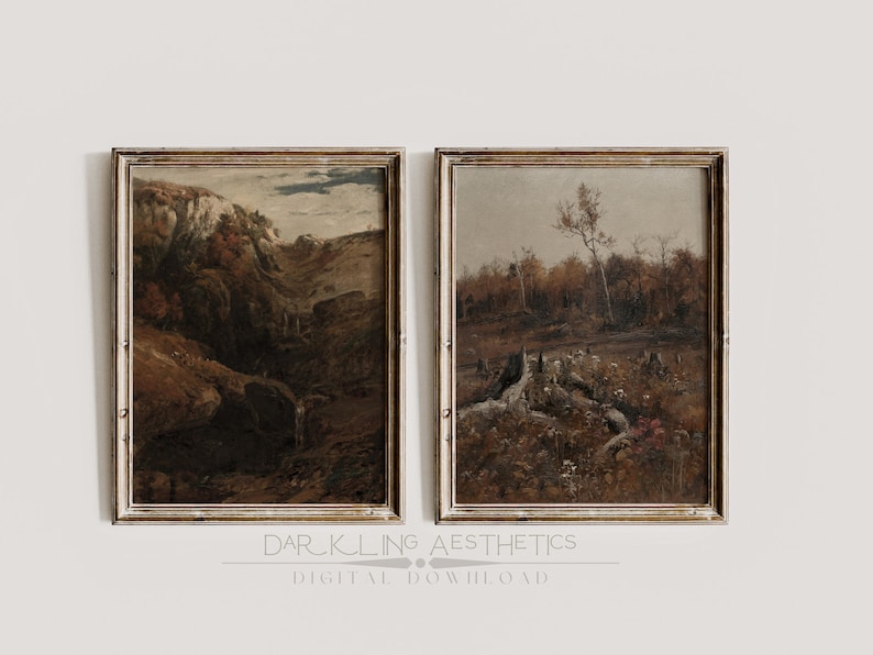 May include: Two framed landscape paintings with a rustic aesthetic. The first painting depicts a rocky, wooded hillside with a stream running through it. The second painting shows a forest clearing with a large tree stump and fallen trees.