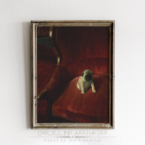 Peinture chiot carlin sur une chaise en velours rouge | art mural imprimable vintage chien de mauvaise humeur | Esthétique Dark Academia | Téléchargement numérique