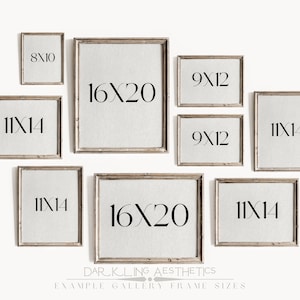 May include: A collection of eight wooden picture frames with different sizes, including 8x10, 9x12, and 11x14 inches. The frames are arranged on a white wall with the text "DARKLING AESTHETICS EXAMPLE GALLERY FRAME SIZES" below them.