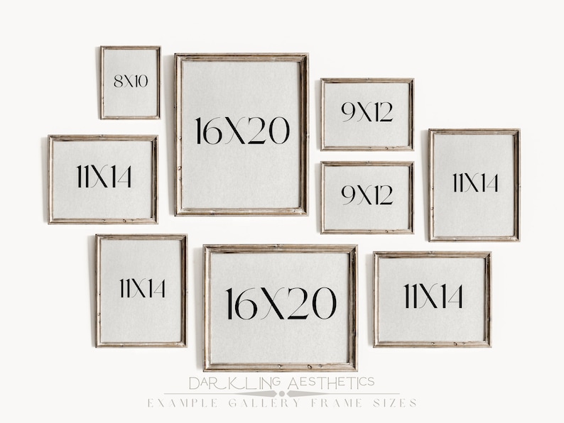 May include: A collection of eight wooden picture frames with different sizes, including 8x10, 9x12, and 11x14 inches. The frames are arranged on a white wall with the text "DARKLING AESTHETICS EXAMPLE GALLERY FRAME SIZES" below them.