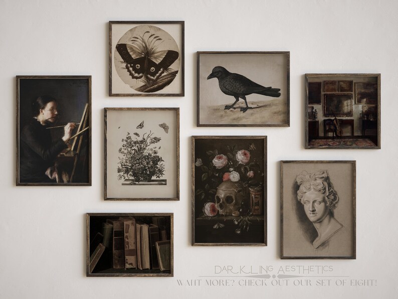 May include: A collection of eight framed prints with a dark aesthetic. The prints feature a variety of subjects, including a butterfly, a crow, a skull, a bust of a woman, a still life with flowers, a woman painting, and a stack of books.