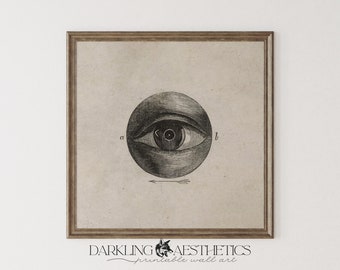 May include: A vintage anatomical illustration of a human eye in black and white. The eye is depicted in a circle with the letters 'a' and 'b' on either side. An arrow points to the right.