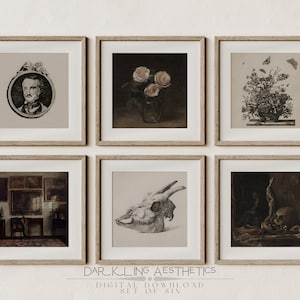 Set of 6 Square Dark Academia Prints | Vintage Moody Victorian Printable Gallery Wall Art | Florals, Skulls, Poe Portrait | Digital Download