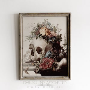 Dutch Florals and Skull Painting | Vintage Moody Dark Cottagecore Printable Wall Art | Dark Academia Aesthetic | Digital Download 02