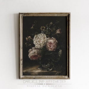 Dark Vase of Flowers Painting | Vintage Moody Victorian Cottagecore Florals Printable Wall Art | Dark Academia Aesthetic | Digital Download