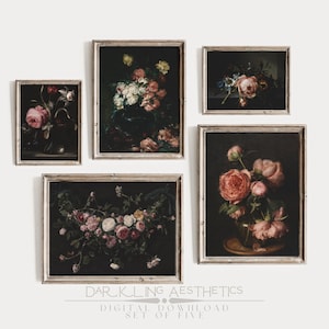 May include: Set of five digital prints featuring vintage floral still life paintings in ornate frames. The paintings depict bouquets of pink, white, and yellow flowers in various arrangements.