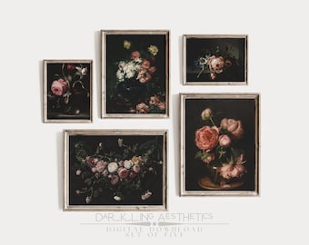 Set of 5 Victorian Rose Paintings | Vintage Dark Moody Floral Printable Gallery Wall Art | Dark Academia Aesthetic | Digital Download