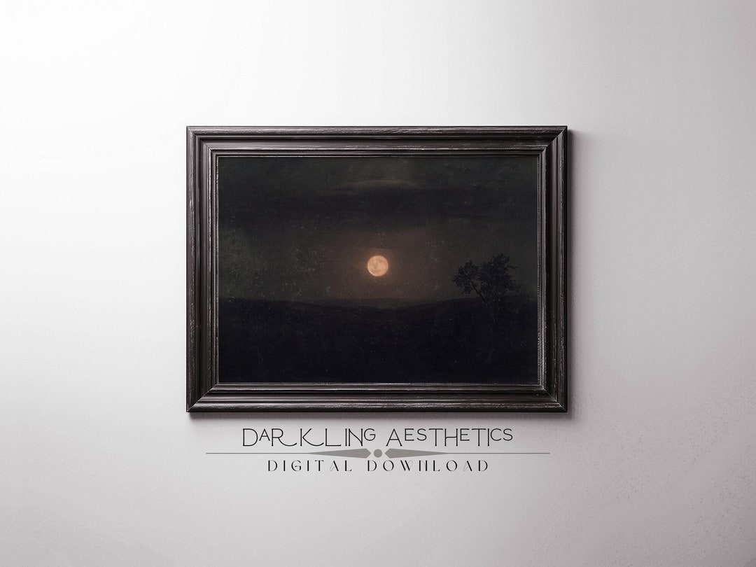 Dark Moon Painting | Vintage Moody Cottagecore Luna Night Landscape ...