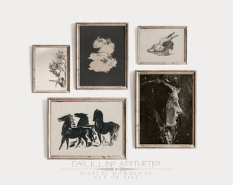 Set van 5 donkere esthetische prints | Vintage neutrale humeurige Cottagecore afdrukbare galerij kunst aan de muur | Schedel, konijnen, botanisch | Digitaal downloaden