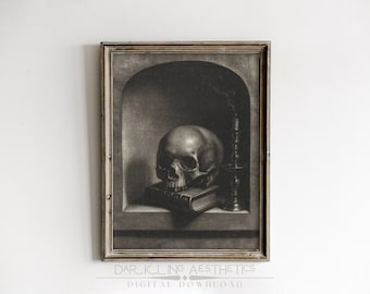 Skull, Book, and Candle Print | Vintage Moody Victorian Gothic Halloween Printable Wall Art | Dark Academia Aesthetic | Digital Download