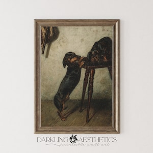 Two Dachshunds on an Antique Chair Painting | Vintage Dog Moody Printable Wall Art | Dark Academia Aesthetic | Digital Download