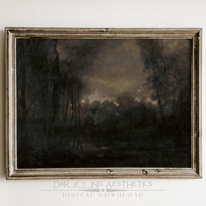 May include: A framed painting of a dark, moody forest scene with a lake in the foreground. The painting is in a simple, rustic frame.